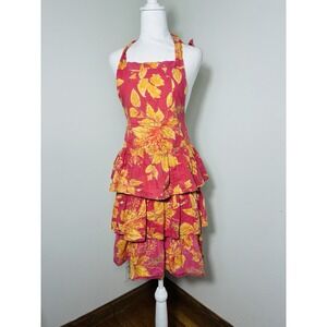 April Cornell Tiered Ruffle Kitchen Apron Red Floral One Size 100% Cotton Tie‎